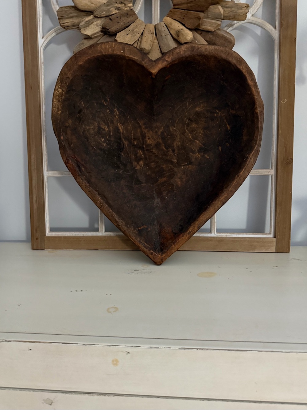 Hand-Carved Heart Wooden Bowl - Dark Brown Rustic Decor